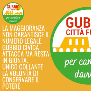 Grafica di Gubbio Città Futura sulla crisi della maggioranza Fiorucci e il mancato numero legale in Consiglio comunale.